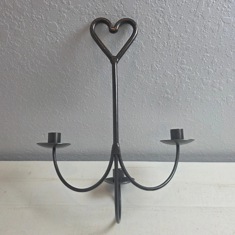 Black Wrought Iron 3 Light Heart Candelabra Taper Candle Holder Rustic Farmhouse